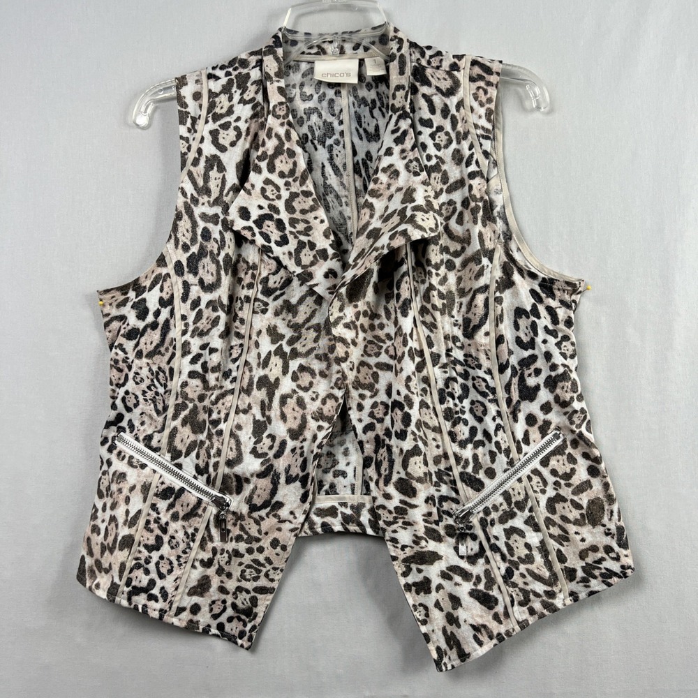 Chicos 1 Vest Womens M Leopard Linen Blend Zipper Pocket Cheetah Animal Print